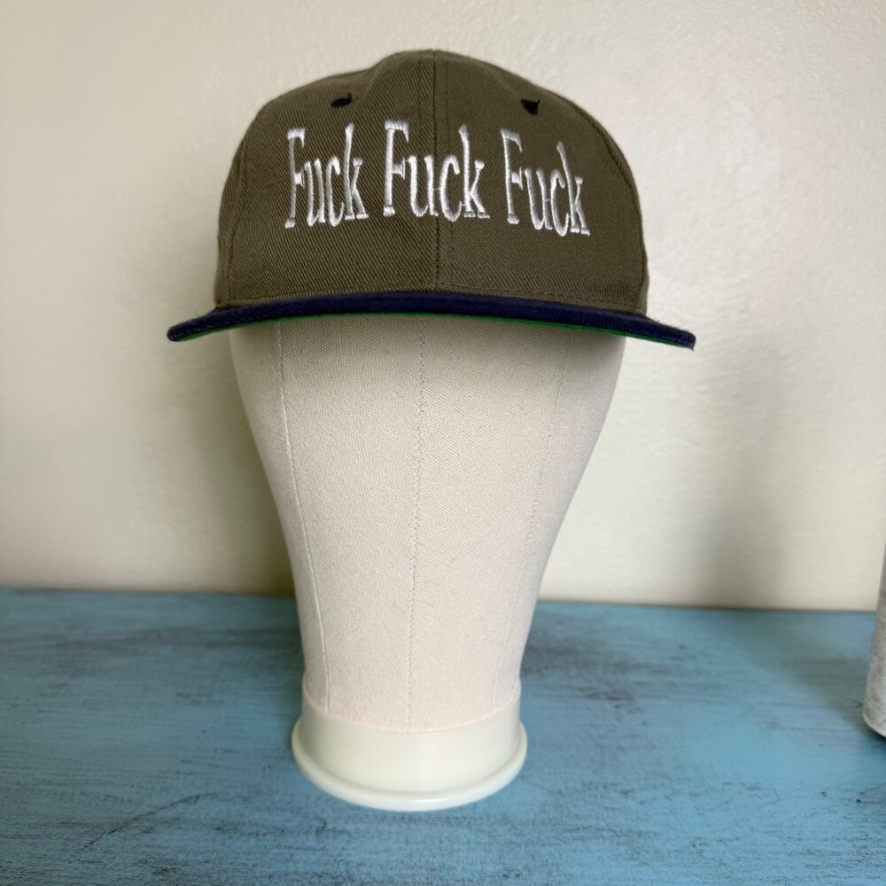 Vtg F**K F**K F**K Text Embroidered Snapback Cap Olive Green & Navy Blue